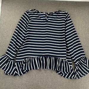 a.n.a A New Approach Top Striped Navy & White Long Sleeve Ruffled Hem Round Neck
